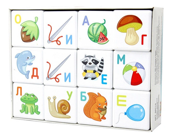 Кубики пластиковые Для умников "Азбука" 12 шт,4х4х4см, буквы/картинки на белых кубиках,10 КОР, 00712