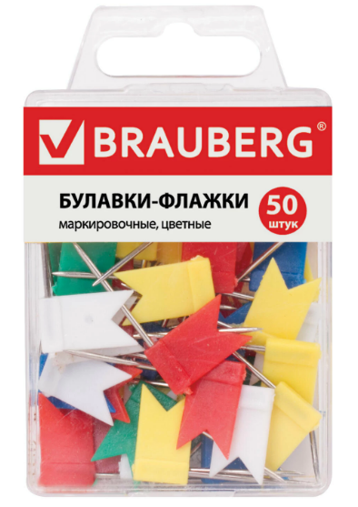 Булавки-флажки маркировочные BRAUBERG, цветные, 50 шт.,221537